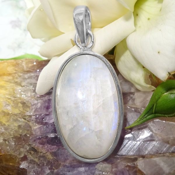 Regenbogen Mondstein Anhänger oval 32 x 20 mm 925 Silber Unikat