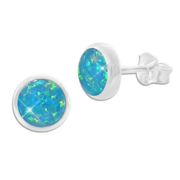 Blaue Opal Ohrstecker 8 mm rund 925 Silber blau-grüne Ohrringe