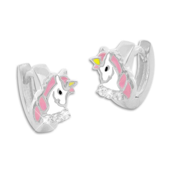 Einhorn Klapp-Creolen mit Zirkonia Strass Steinen 925 Silber