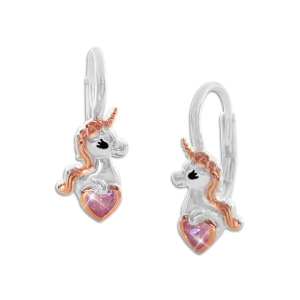 Kinder Ohrringe Einhorn mit Herz rotvergoldet 925 Silber Brisur