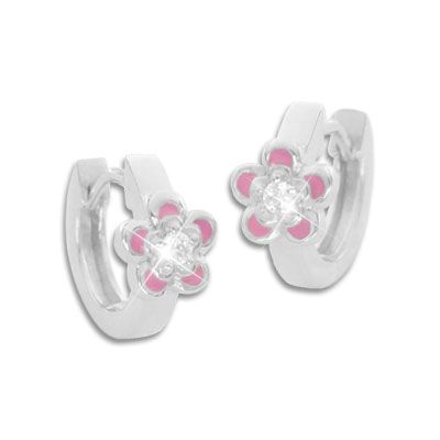 Creolen rosa Blümchen mit weißen Zirkonia Strass Steinen 925 Silber