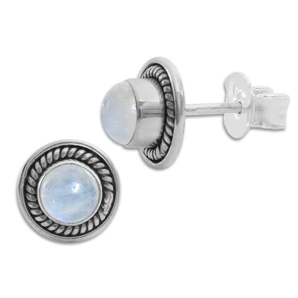 Runde Mondstein Ohrstecker mit filigranem Rand 9 mm 925 Silber