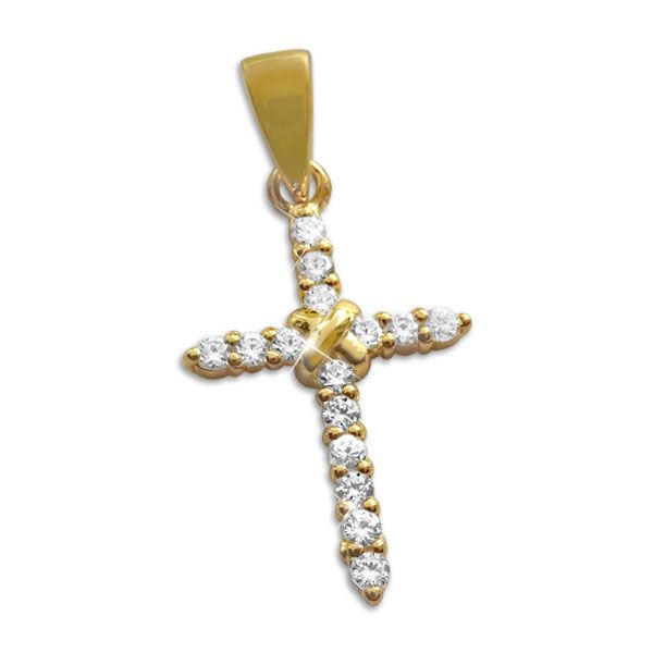 Vergoldetes Kreuz mit 15 Zirkonia Strass Steinen 925 Silber Anhänger