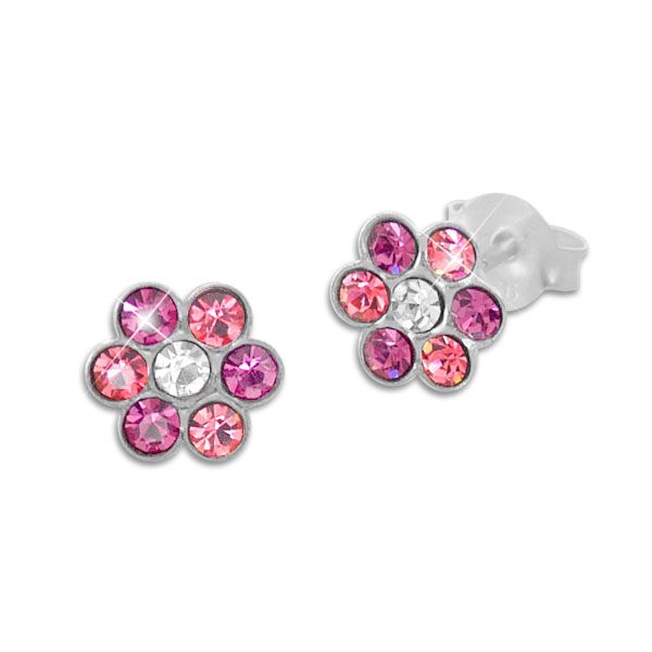 Kinder Ohrstecker Blumen mit Kristallen in pink rosa weiß 925 Silber