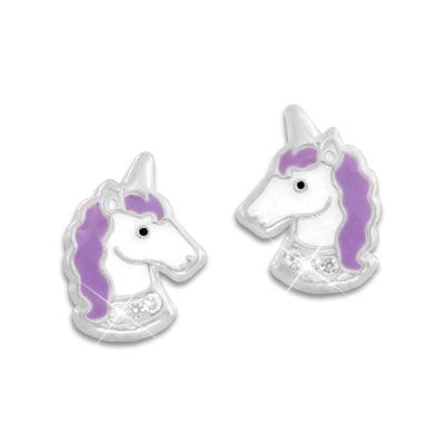 Ohrstecker Einhorn mit lila Mähne und Strass Steinen 925 Silber Kinder Ohrringe mit Einhörnern