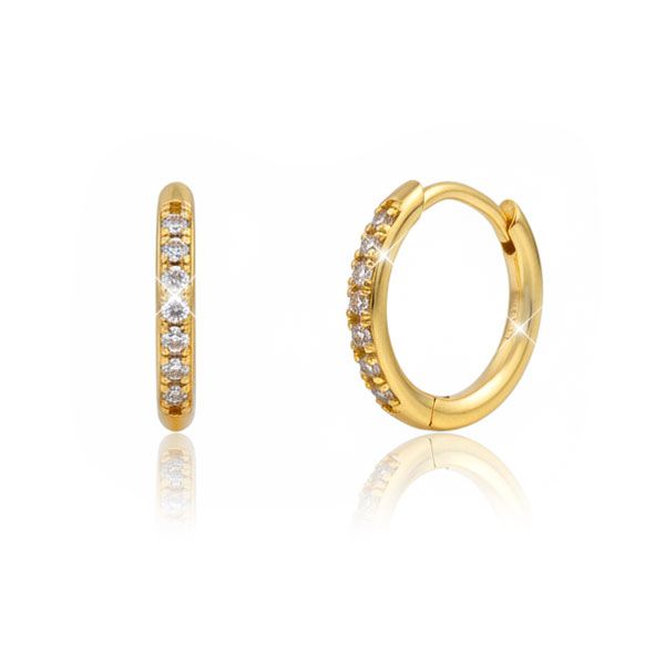 Vergoldete abgerundete Klapp-Creolen mit 8 Zirkonia Strass Steinen 925 Silber