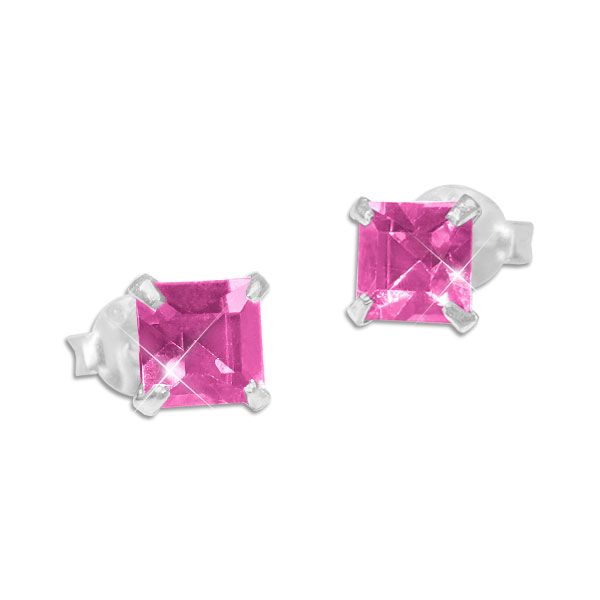 Strass Ohrstecker viereckig pink 4 x 4 mm 925 Silber Kinder Ohrringe