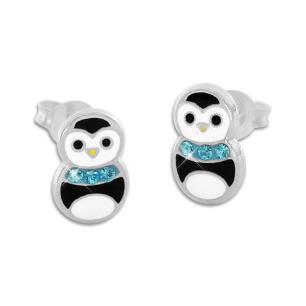 Pinguin Ohrstecker Ohrringe mit hellblauem Kristall Schal 925 Silber