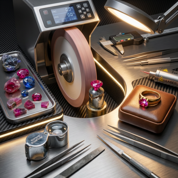 Goldschmiedewerkbank mit rohen Edelsteinen, fixiertem Stein an der Schleifscheibe und fertig gefasstem Ring