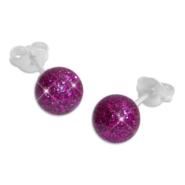 Glitzer Kugel Ohrstecker pink 8 mm 925 Silber Ohrringe rund