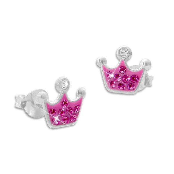 Kinderschmuck Ohrstecker pinke Kronen mit Strass 925 Silber Ohrringe