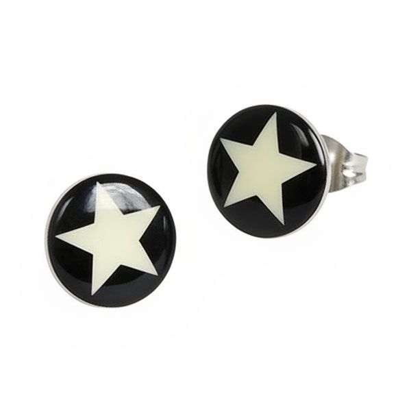 Runde Ohrstecker cremeweißer Stern schwarz auf 10 mm Edelstahl