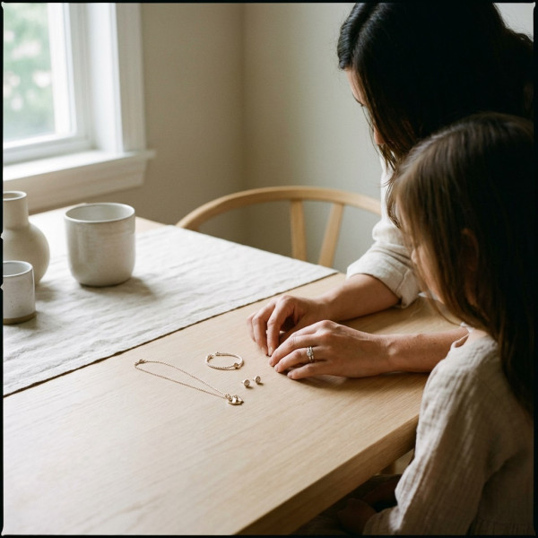 Erwachsene und Kind betrachten gemeinsam eine kleine Auswahl an Kinderschmuck