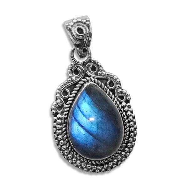 Filigraner Labradorit Tropfen Anhänger Boho Stil 925 Silber Edelstein