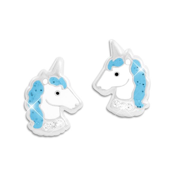 Ohrstecker Einhorn hellblau mit Glitzer und Strass Steinen 925 Silber