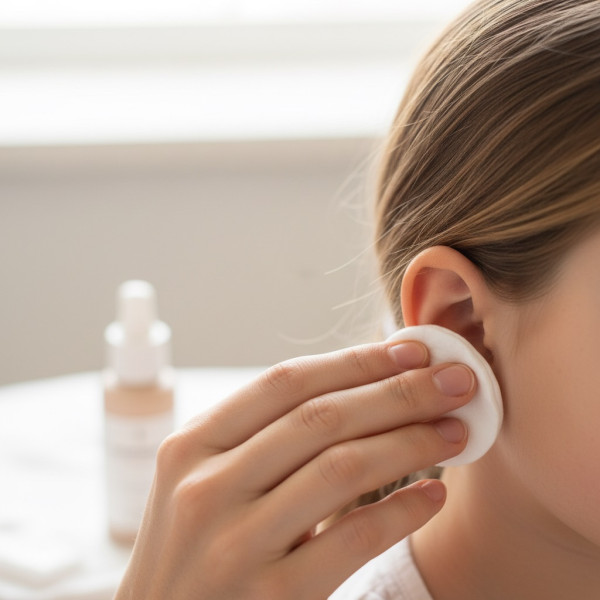 Erwachsene Hand reinigt vorsichtig das Ohrläppchen eines Kindes mit einem weichen Tuch oder Wattestäbchen, im Hintergrund unscharf eine kleine Flasche Pflegelösung