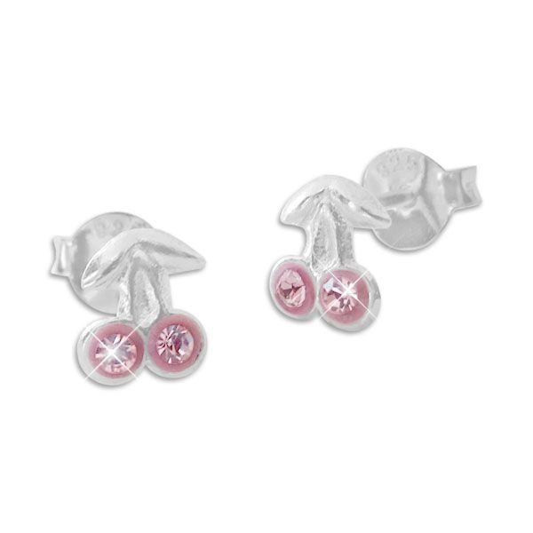 Zarte Kirschen Ohrstecker mit rosa Strass Kristallen 925 Silber Kinder Ohrringe