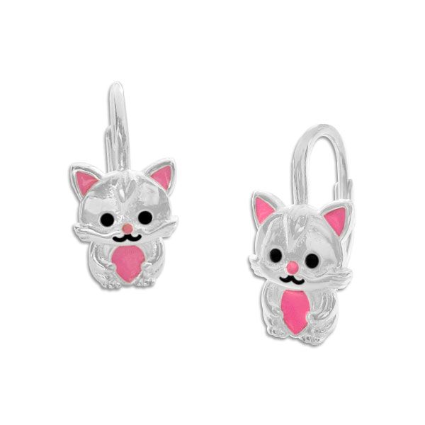 Ohrringe für Kinder mit Katze rosa / schwarz 925 Silber Kinderschmuck