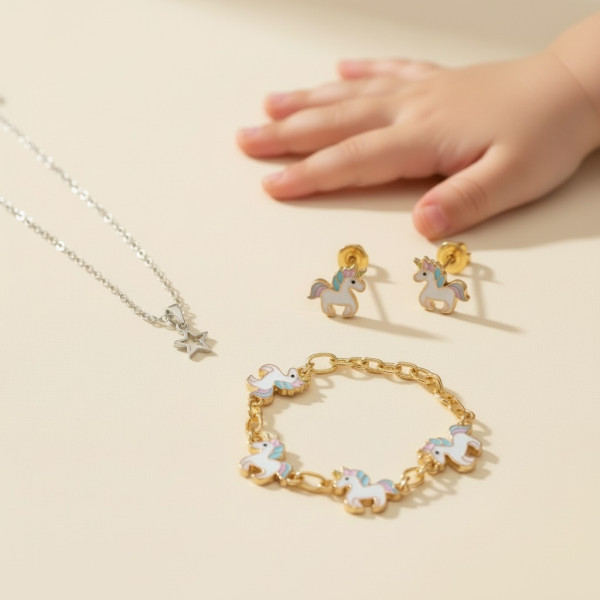 Nahaufnahme von Kinderschmuck aus Silber, Gold und Edelstahl auf heller Haut, symbolisch für hautverträgliche Materialien