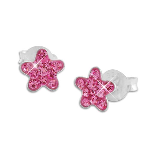 Kinder Ohrringe Sterne mit pinken Kristallen 925 Silber Ohrstecker Einschulung Geburtstag