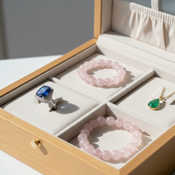 Edelsteinschmuck getrennt in einem weich gepolsterten Schmuckkästchen aufbewahrt