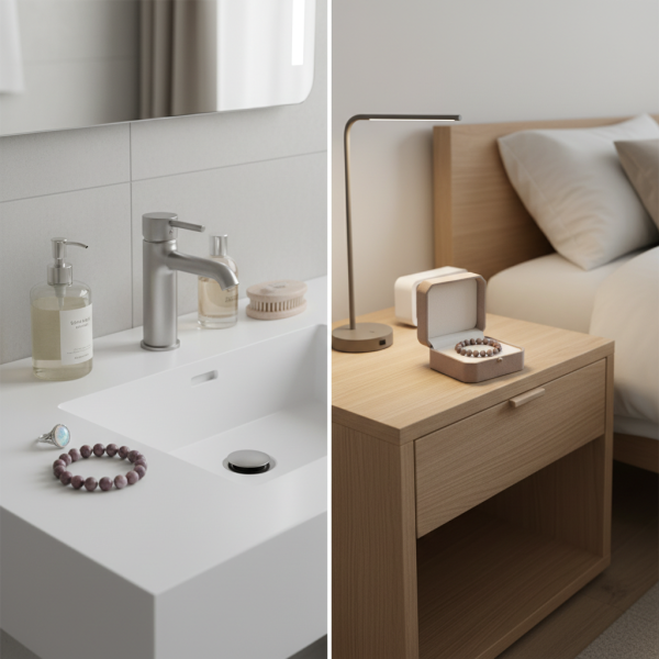 Vergleich: Edelsteinschmuck unsicher im Bad gelagert und richtig im Schmuckkästchen aufbewahrt