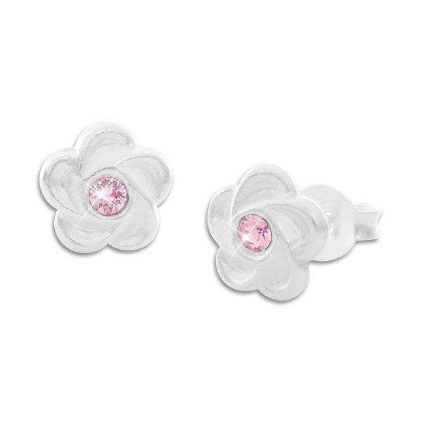 Kinder Ohrringe Blumen Ohrstecker mattiert mit rosa Stein 925 Silber