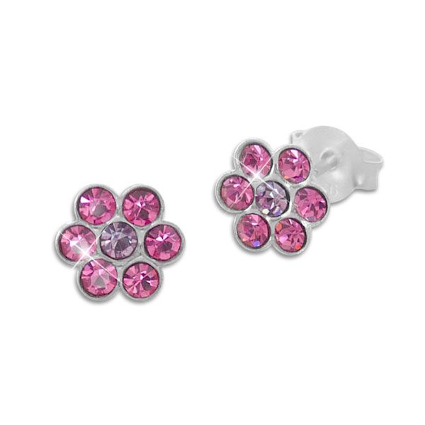 Ohrstecker Kinder Blumen mit pink und lila Kristallen 925 Silber