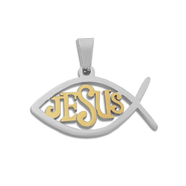 Fisch-Symbol Anhänger mit goldenem Jesus Schriftzug Edelstahl bicolor