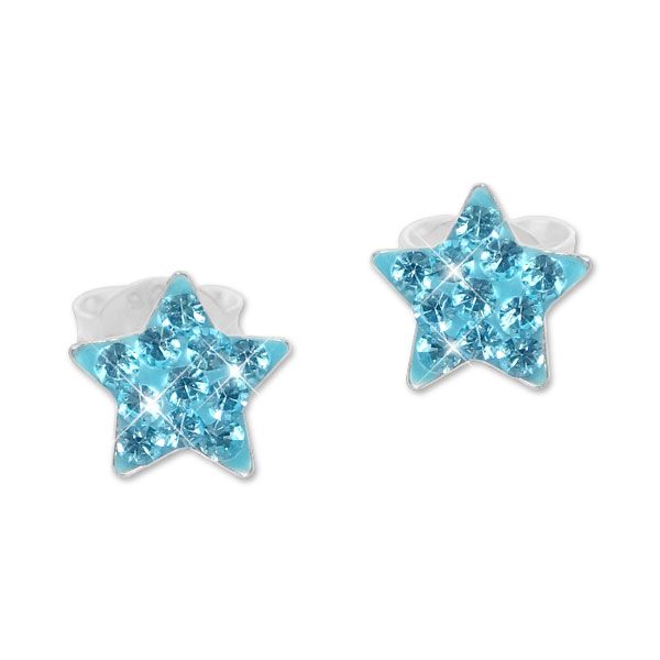 Ohrstecker mit großen Strass Sternen hellblau 925 Silber für Kinder