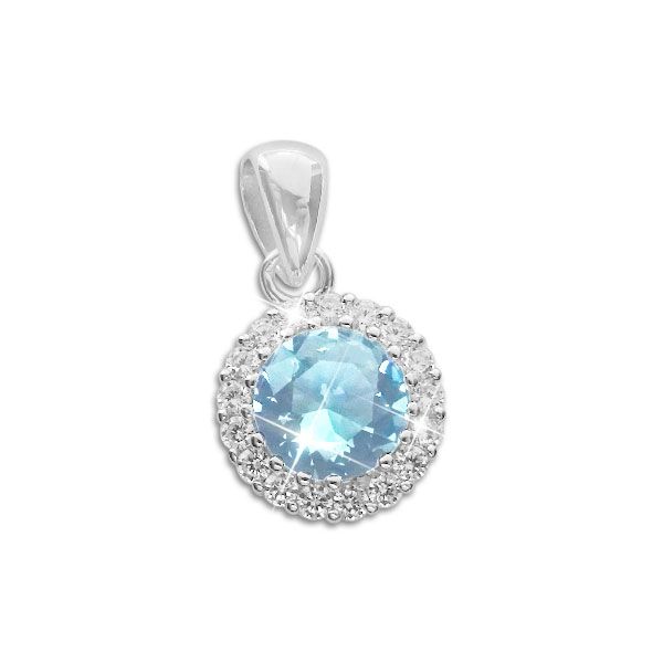 Runder Strass Anhänger aquamarin blau und weiß 925 Silber