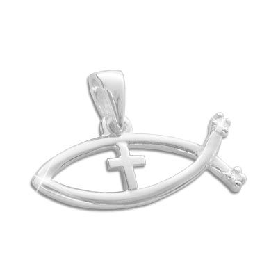 Anhänger Fisch-Symbol mit Kreuz und Zirkonia Steinen 925 Silber