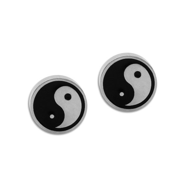 Edelstahl Ohrstecker rund mit Yin Yang schwarz silber