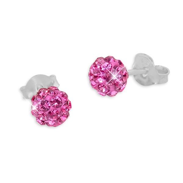 Kugel Ohrstecker mit pinken Kristallen 5 mm 925 Silber