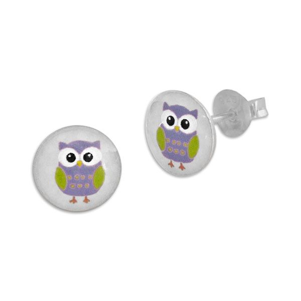 Runde Ohrstecker mit Eulen lila grün 925 Silber