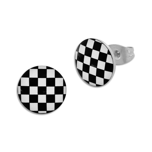 Runde Ohrstecker Schachbrett schwarz weiß 10 mm Edelstahl