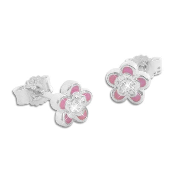 Ohrstecker rosa Blümchen mit weißen Zirkonia Strass Steinen 925 Silber
