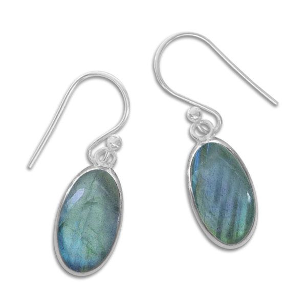 Schmale ovale Labradorit Ohrhänger grün blau 15 x 8 mm 925 Silber