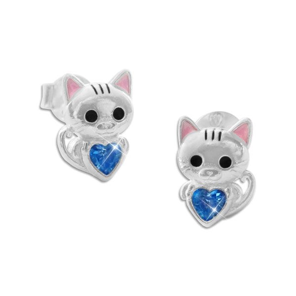 Kinder Ohrstecker Ohrringe Katze mit Zirkonia Herz blau 925 Silber
