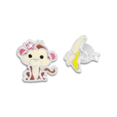 Kinder Ohrstecker Affen Mädchen und Banane 925 Silber Geburtstagsgeschenk