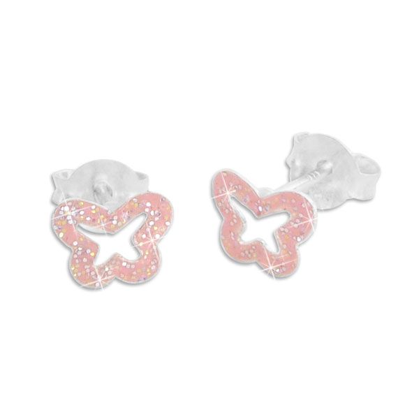 Schmetterlings Ohrstecker für Kinder rosa mit Glitzer 925 Silber