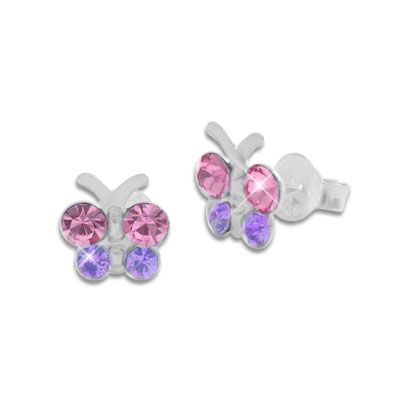 Kinder Schmetterlings Ohrstecker mit rosa / lila Strass Steinen 925 Silber