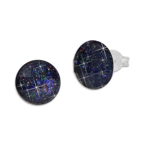 Große runde Ohrstecker facettiert schwarz mit Glitzer 925 Silber