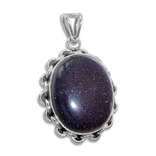 Ovaler Blaufluss Anhänger mit Fassung im Ketten-Design 925 Silber