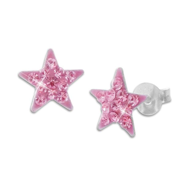 Mädchen Ohrstecker rosa Sterne mit Strass Kristallen 925 Silber