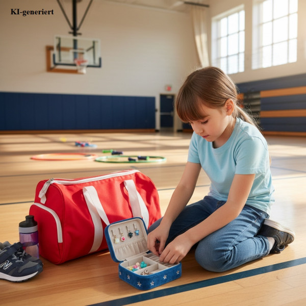 Kind legt vor dem Sport seine Kinderohrringe in ein kleines Etui neben die Sporttasche, im Hintergrund eine Turnhalle