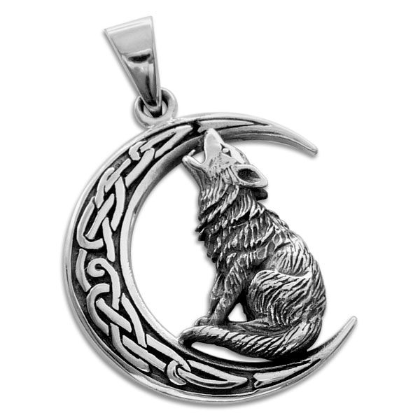 Keltischer Anhänger Wolf im Mond 925 Silber Silberschmuck