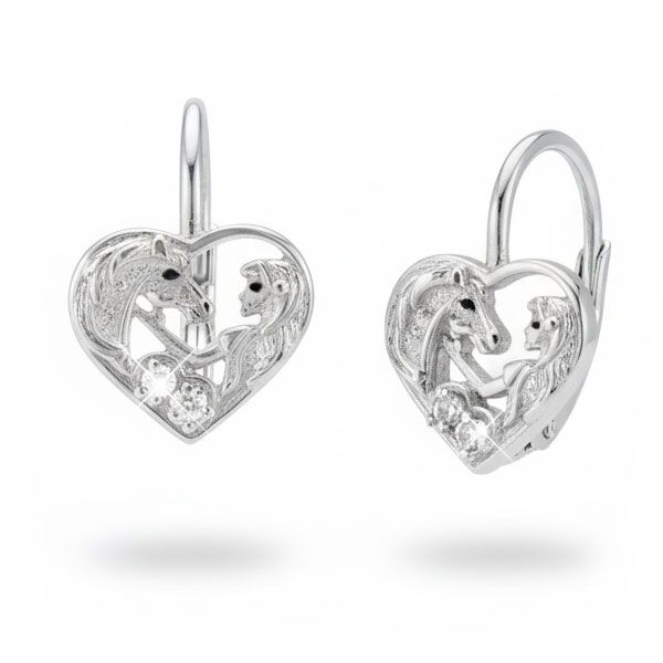 Kinder Ohrringe Pferdemädchen Pferd im Herz mit Strass 925 Silber