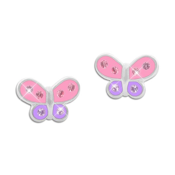 Schmetterlings Ohrringe mit 6 Strass Steinen rosa / lila 925 Silber Kinder Ohrstecker
