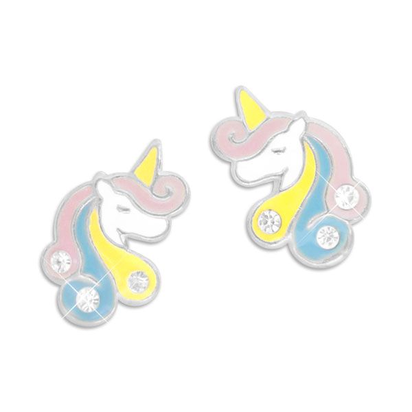 Ohrstecker stolzes Einhorn mit bunter Strass Mähne 925 Silber